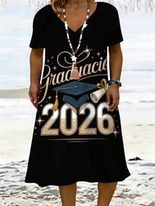 V Neck Graduation Dress Black 2026 Cap And Diploma Print For Graduation CelebrationSuitable For Leisure And Sports Scenarios - Blush Crush - 查看 2