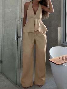 Bộ đồ nữ gồm áo cổ yếm buộc dây dáng chữ A và quần ống rộng suông bằng vải cotton lanh, thích hợp mặc hàng ngày và đi nghỉ mát, mùa xuân/hè. - Màu Khaki - Xem 2