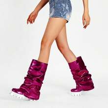 Women's Platform Round Toe Mid Calf Boots With Chunky Heel - M-fuchsia - 查看 6