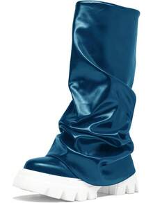 Women's Platform Round Toe Mid Calf Boots With Chunky Heel - Mid-blue - View 1