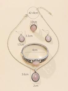 European And American Bohemian 4-Piece Set: Vintage Fashion Personalized Geometric Tiger Eye Stone Zinc Alloy Necklace, Earrings, Ring, Bracelet, Suitable For Autumn/Winter Outfits, Daily Wear, Holidays, Etc. - Baby Pink - View 3
