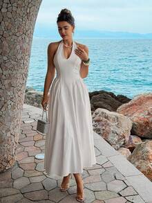 Unadoll Women's Spring Summer Elegant Halter Deep V Waist Cinching Ruched Flared Slit Hem Backless White Maxi Dress Vacation Party Outfit - White - View 6