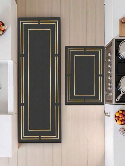 [Hàng HOT!] 1 tấm thảm nhà bếp bằng cao su mềm thấm hút, dày 3.5mm, phù hợp cho diện tích lớn hoặc nhỏ, phong cách hiện đại sang trọng hoặc cổ điển retro, đế màu đen mờ với họa tiết đường kẻ vàng chuyển sắc, có thể cắt tỉa cho vừa với nhà bếp, được làm từ vải bề mặt, lớp xốp ở giữa và lớp cao su dưới cùng, thích hợp cho nhà bếp, phòng khách, phòng ngủ, phòng trẻ em, làm tấm lót chuột, phòng tắm, lối vào, ngoài trời, ban công, hành lang và nhiều không gian khác trong nhà.