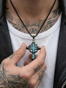 1pc Thorn Wrapped Cross Faux Turquoise Necklace, Hollow Black Punk Style, Suitable For Men's Party, Daily Wear, Music Festival - Black - View 3