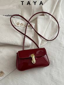 Women's Mini Shiny PU Crossbody Bag, Retro Curved Flap Design, Metal Lock Closure, Adjustable Strap, Fashionable For Daily And Party Wear - Burgundy - View 2