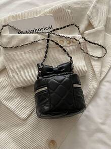 New Bowknot Embroidered Diamond-Pattern Boxy Chain Shoulder Crossbody Small Square Girl's Bag With Lipstick Texture - Black - View 4