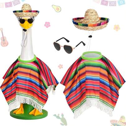 23-Inch Goose Statue Outdoor Lawn Garden Decor Costume Set, Including Tassel Poncho, Mexican Style Hat, And Fashionable Sunglasses