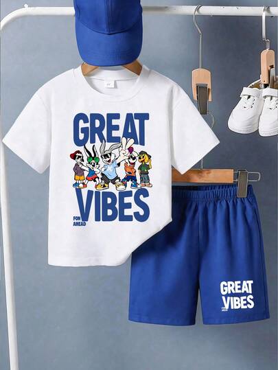 Bộ áo thun ngắn tay và quần short in hình động vật hoạt hình dành cho bé trai, phù hợp cho thanh thiếu niên, món quà mùa hè hoàn hảo cho trường học và các hoạt động ngoài trời, mùa xuân/hè.