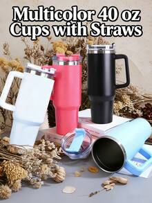 1 pièce Tumbler isotherme de 40 oz multi-couleurs avec poignée et paille, tasse à boire de voyage, mug à thé glacé en acier inoxydable, tasse à fond plat isotherme sous vide, bouteille avec poignée antidérapante, tasse portable haut de gamme - convient pour le lait, le café, le thé, le jus, tumbler isotherme unisexe - Multicolore - Voir 2