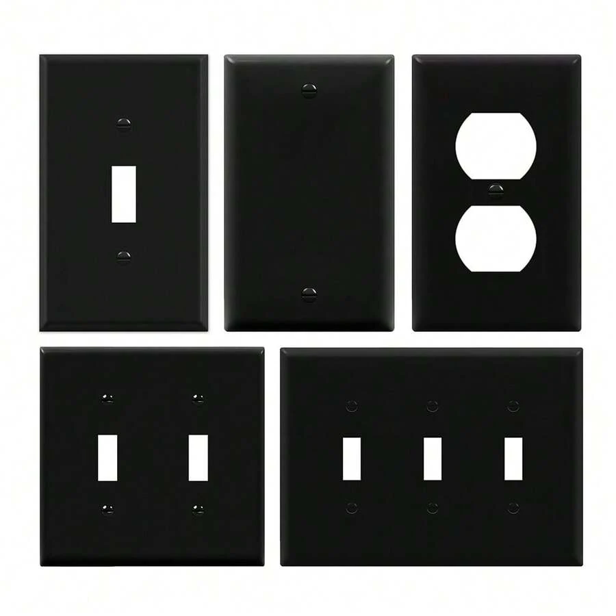 墙板插座盖和开关面板，耐用PC材质，不易碎裂，现代黑白电气面板，1/2/3位拨动开关和插座面板 - 黑色PC面板 - 查看 1