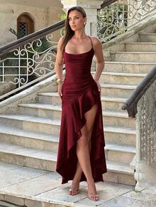 Women's Spaghetti Strap Sexy Criss-Cross Backless Ruffle Hem Slit Dress Wedding Spring Party - Hồng - Xem 12