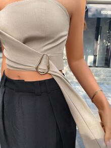Top sans bretelles plissé ajusté de couleur unie, décontracté, sexy et élégant - boucle décorative métallique à la mode. Convient pour le bureau, les déplacements, les loisirs quotidiens, les week-ends shopping, les après-midi thé. Top élégant et sexy pour femmes, hauts de travail pour femmes, hauts d'été élégants pour femmes - Kaki - Voir 7