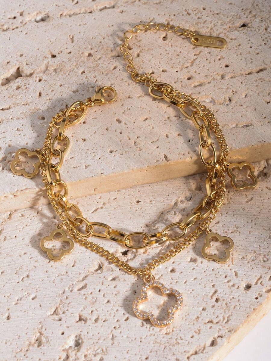 1件优雅经典镂空全镶钻四叶草钛钢手链，轻盈奢华时尚双层百搭幸运四叶草 - 金黃色 - 查看 1