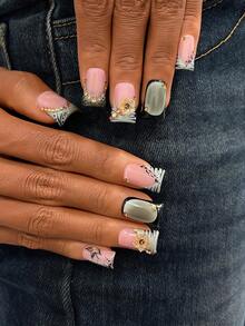 10 piezas Conjunto de uñas postizas con pico de pato estilo Y2K - Hechas a mano, uñas rosas, uñas negras, uñas con puntas francesas verdes, uñas con flores negras dibujadas a mano y ramas de flores negras, arte de uñas con flores negras, uñas dibujadas a mano, decoración con piedras de imitación doradas y flores doradas - Multicolor - Ver 4
