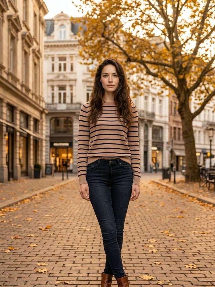 This Women's Striped Round-Neck Blouse Is Made Of Modal Fabric. - 卡其色和黑色 - 查看 1