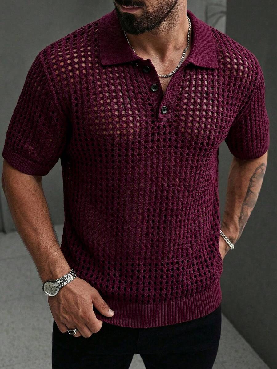 Áo polo dệt kim lưới thoáng khí nhẹ, dáng rộng, tay ngắn, chất lượng cao, thích hợp cho mùa xuân/hè. - Màu Đỏ Sâu - Xem 1