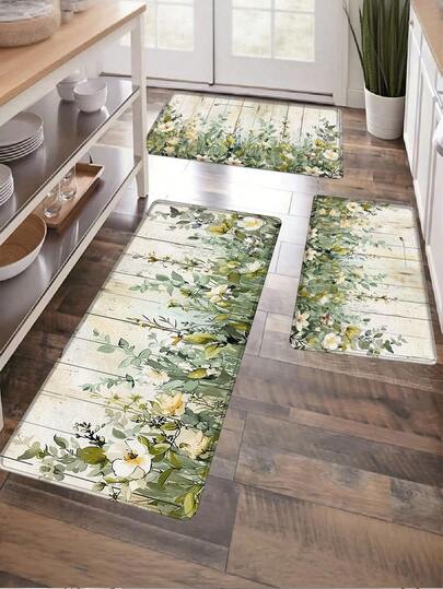 1pc Green Vine Pattern Kitchen Mat, Modern Minimalist Absorbent Quick-Dry Kitchen Carpet, Hallway Carpet, Kitchen Rug, Bathroom Mat, Waterproof Anti-Oil Floor Mat, Floral Farmhouse Decor, Vintage Fresh Soft Furnishing, Modern Farmhouse Absorbent Quick-Dry Kitchen Carpet, Party Decoration Carpet