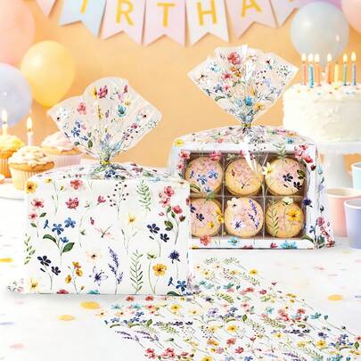 10/30个装野花包装袋，生日派对礼品包装袋，包装纸，派对礼品袋，生日装饰，生日派对用品，礼品包装用品，烘焙包装袋，甜点包装袋，花卉图案透明包装袋，生日礼物，派对小礼物，家居装饰，房间装饰