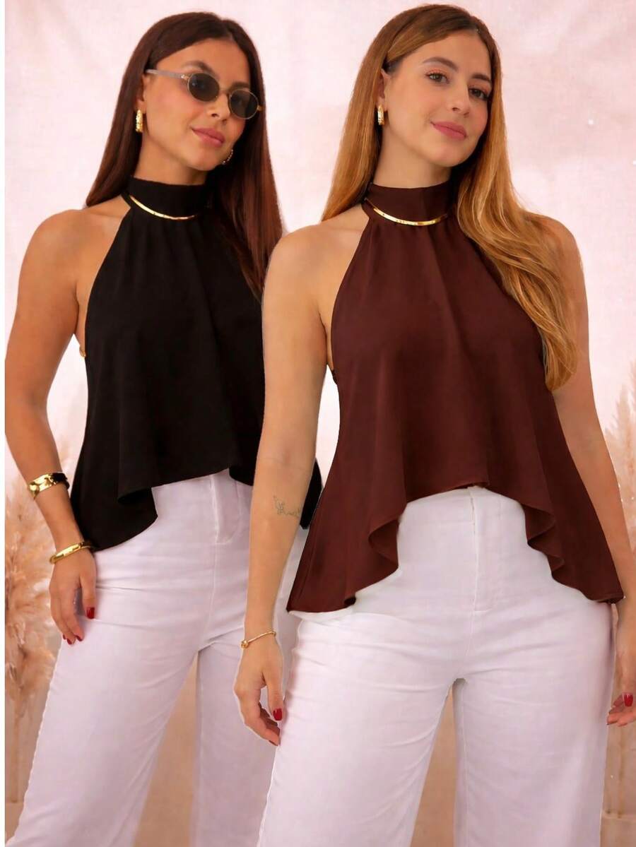 Women's Blouse With High Neck And Asymmetrical Neck Tie - 黑色/棕色 - 查看 1