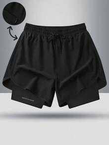 3pcs Men's Spring/Summer Drawstring Waist 2 In 1 Casual Sports Shorts, Suitable For Hiking & Cycling - Black - View 2