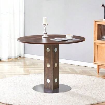 Modern Round Dining Table With Square Wooden Pedestal And Mirrored Accents, Walnut Wood Grain & Metal Base, 100cm Diameter, Seats 2-4 People, Ideal For Kitchen, Dining Room & Small Spaces