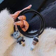 4-Piece Set Black Wavy Bear Coffee Bean 1.5m Data Cable Winder Fixer Charger Head Protective Cover, Black Bear Coffee Bean Anti-Breakage Winder Data Cable Fixer TPU Charger Head Protector, Compatible With IPhone 12/13/14, 20w Fast Charging Data Cable - Multicolor - View 12