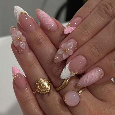 24pcs Long Almond-Shaped 3D Gel Nail Stickers With Floral Pattern, French Manicure Style, Medium Length 3D Alloy Cross Pearl Decor, Suitable For Acrylic Fake Nails, Includes 1 Bottle Of Glue And 1 Nail File, Leopard Print And French Manicure Suitable For Women's Daily Work, Holidays, And Parties