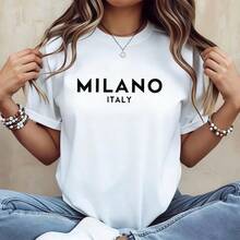 Women's Casual White Milano Italy Print T-Shirt, Short Sleeve Round Neck Cotton Tee With Slight Stretch For Everyday Fashion Summer Top - 白色 - 查看 1