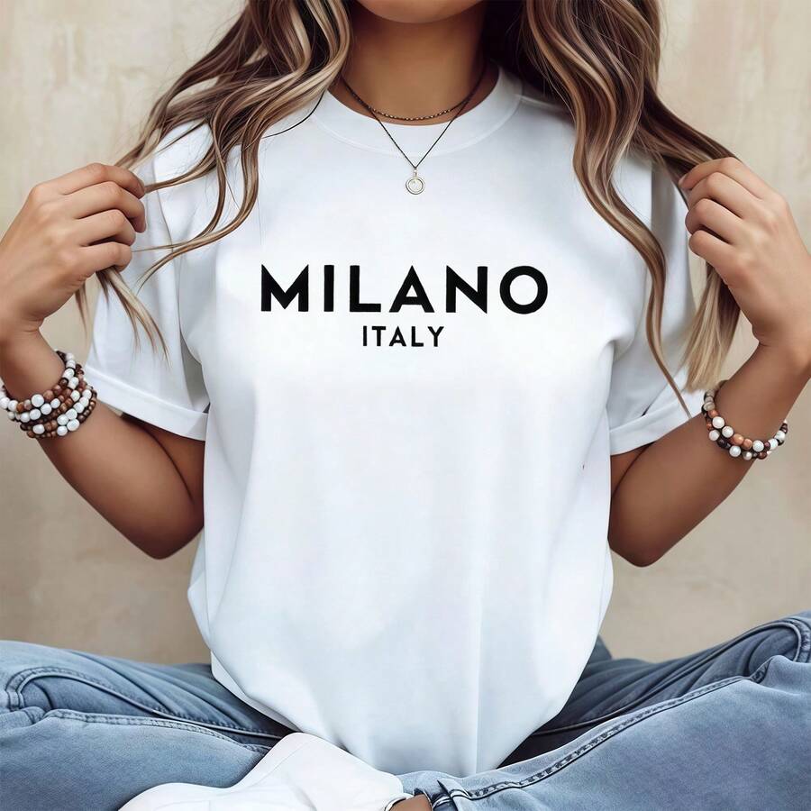 Women's Casual White Milano Italy Print T-Shirt, Short Sleeve Round Neck Cotton Tee With Slight Stretch For Everyday Fashion Summer Top - 白色 - 查看 1