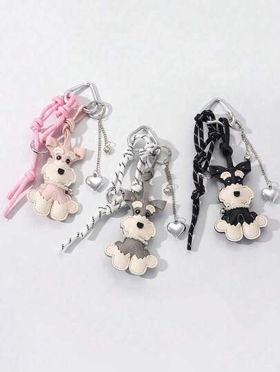 1 Set Leather Schnauzer Shaped Bag Charm & Heart Dog Keychain, With Braided Lanyard And Heart Chain. This Accessory Can Be Used As A Fashionable Bag And Car Key Chain, Also An Ideal Gift For Valentine's Day Or Christmas, Can Also Be Used As A Car Interior Decoration