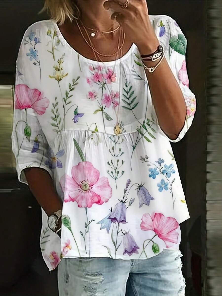 一件优雅的花叶印花梭织面料衬衫，适合日常穿着、约会、办公、春夏度假等场合。 - 彩色 - 查看 1