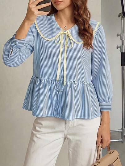 Áo sơ mi cổ Peter Pan phối sọc, có nơ, bèo nhún, cài cúc, thích hợp mặc ở nhà và đi nghỉ mát mùa xuân.