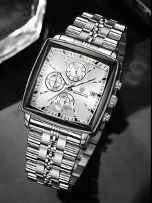BINBOND Square Design Men's Quartz Watch, Luxury Multifunctional Chronograph Dial, Stainless Steel Waterproof Business Gift Watch For Men - Black and White - View 10