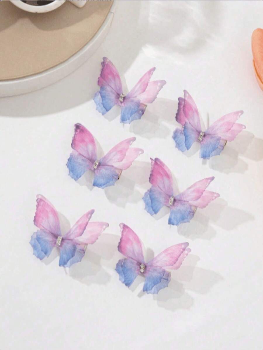 6pcs Fashionable Elegant Double-Layer Rhinestone Butterfly Hair Clips Suitable For Daily Use - Multicolor - View 1