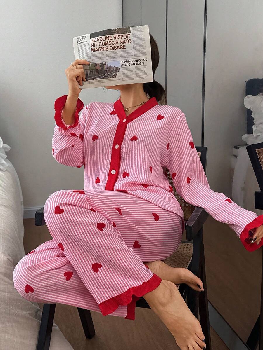 情人节荷叶边优雅女士睡衣套装 - 心形图案V领长袖上衣和长裤，轻便家居服 - 紅色 - 查看 1