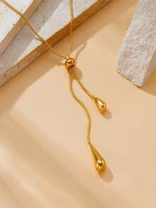 1 Set Gold-Plated Stainless Steel Teardrop Pendant With Tassel Pull-Through Chain Jewelry Set - 金色 - 查看 2
