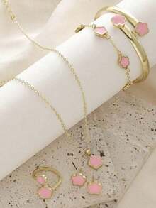 6pcs/Set Necklace, Bracelet, Earrings, Ring, Lucky Flower Necklace, Gold Earrings, Gold Ring, Gold Necklace, Gold Bracelet, Gold Bangle, Girl Jewelry Set, Suitable For Back To School, Party, Holiday - 粉色 - 查看 5