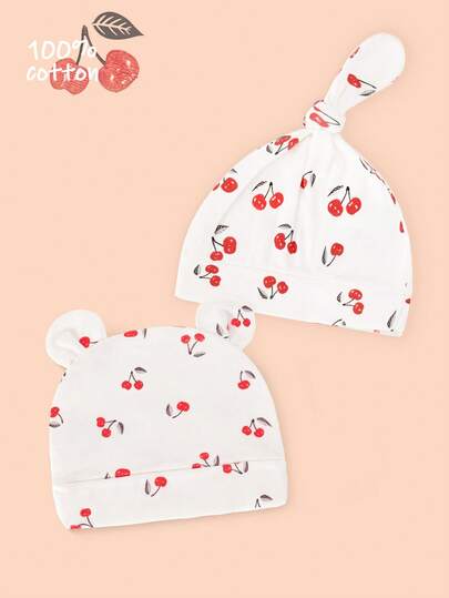 Bộ 2 mũ cho bé in hình quả anh đào thắt nút + mũ tai gấu hoạt hình, mũ nhẹ cho bé sơ sinh mùa xuân/hè, thích hợp cho bé 0-3 tháng tuổi đội hàng ngày.
