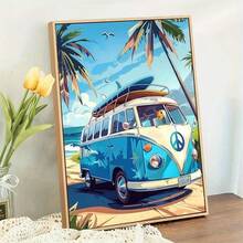 1pc 5D DIY Diamond Painting Kit, Unique Acrylic Full Round Diamond Mosaic Art Craft Canvas, Beach Surfing Bus Theme Design, Suitable For Wall Decor, Living Room, Bedroom, Office, Perfect Creative Handcraft Art Holiday Gift (Unframed) - round diamond - View 2