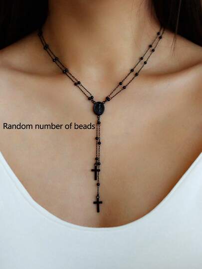 1 件十字架和耶稣吊坠 Y 形黑色串珠项链，适合女性信仰、祈祷、派对、日常佩戴（珠子数量随机）