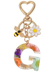 1pc Initial Letter Cute Bee & Flower Keychain, Heart Shaped Daisy Keyring Accessory, Decoration For Women Handbag Gift - Color - View 30