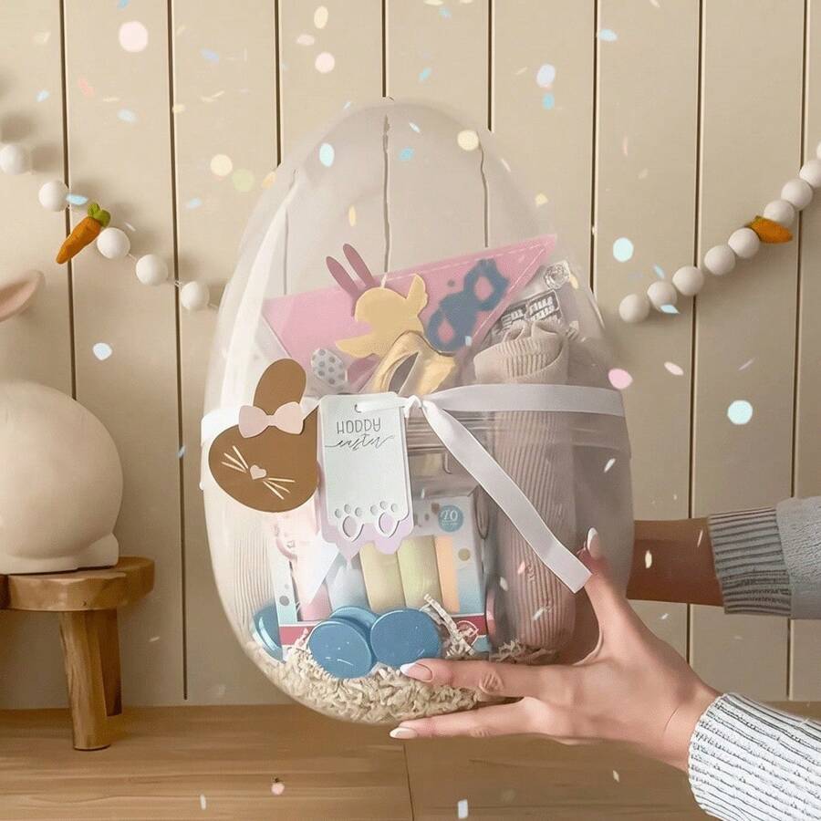 10-30cm Grande secchio di plastica trasparente con manico | Contenitore a forma di uovo extra large, adatto per la caccia alle uova di Pasqua riempite, decorazione per feste, cesto per la caccia alle uova di coniglio, forniture per feste di primavera - Stili multipli - Visualizzare 1