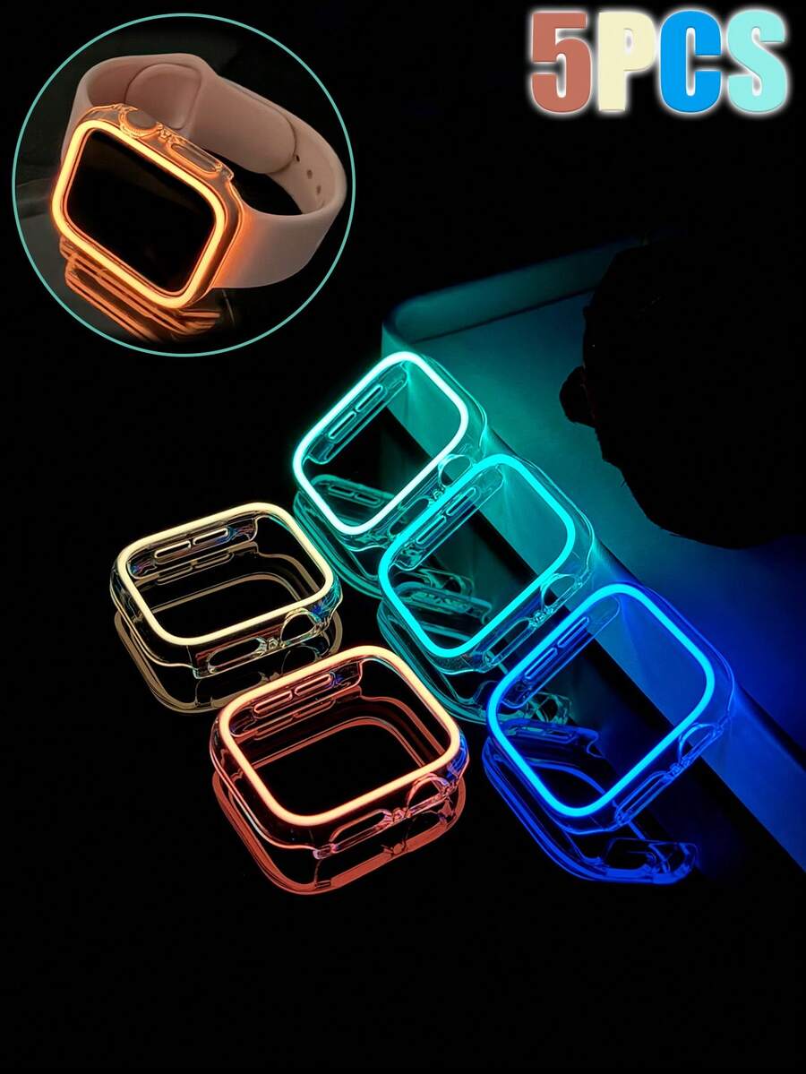 5pcs Luminous Watch Case, Compatible With Apple Watch Cases 40mm, 41mm, 42mm, 44mm, 45mm, 46mm, And 49mm. Stylish, Sporty, Shockproof, And Features Nighttime Visibility. Made Of Hard PC Material, Compatible With Apple Watch Ultra/11/10/9/8/7/6/5/4/SE Men's And Women's Watch Cases. Absorbs Sunlight Or Artificial Light And Emits Light At Night, Making It A Dual-Use Case For Day And Night. - 5 Colors Of Glow-in-the-dark Case - View 1