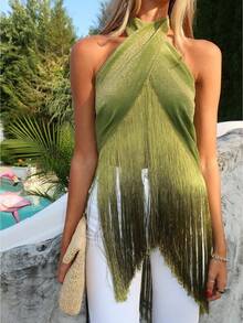 Women Sarong Turned Top Wrap Tie Up Crop Top Backless Beach Cover Up Boho Sexy Summer Vacation Top - màu xanh lá - Xem 2