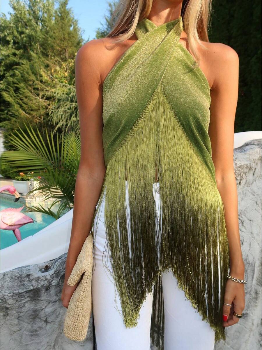 Women Sarong Turned Top Wrap Tie Up Crop Top Backless Beach Cover Up Boho Sexy Summer Vacation Top - 綠色 - 查看 1