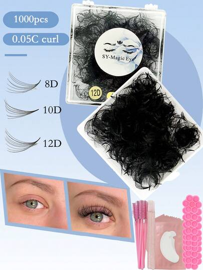 1000 Pcs Per Box, 8D-10D-12D,Thickness 0.05mm,8-15mm / Mix Lengths, Curl C / D ,Individual Lashes Cluster, Eyelash Extensions, False Eyelashes, With 10Pcs Eye Pads,10Pcs Eyelash Brushes,10Pcs Adjustment Rod,10Pcs Glue Cup, Bottom Lashes, Lower Lashes, Natural Look Grafted Lashes For Beginners, Easy Application, Versatile Lengths, High Quality Lashes Salon & Home Use