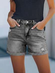 Washed Faded Solid Color Women's Short Casual Vacation Denim Shorts, With Practical Zipper And Pockets, Rolled Hem, Straight Leg Summer - Light Grey - View 5