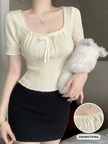 New Spring/Summer Sexy Ribbed Knit Crop Top With Drawstring, Square Neck, Fitted Silhouette - Apricot - View 1