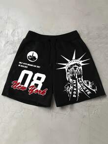 Men's Summer Street Style Cool Black Shorts With Creative Statue Of Liberty Print And New York Culture Number 08 Pattern Casual Pants Relaxed Athletic Shorts - 黑色 - 查看 6