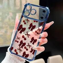 Cherry Bows Pattern Transparent Phone Case, Full Coverage Four-Corner Anti-Drop Cover For IPhone 11 12 13 14 15 16 17 Air Pro Max Plus - 藍色 - 查看 2